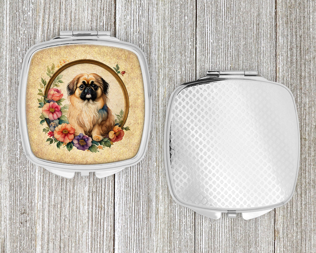 Pekingese and Flowers Compact Mirror Decorative Travel Makeup Mirror for Women Girls Gifts Pocket Makeup Mirror Folding Handheld