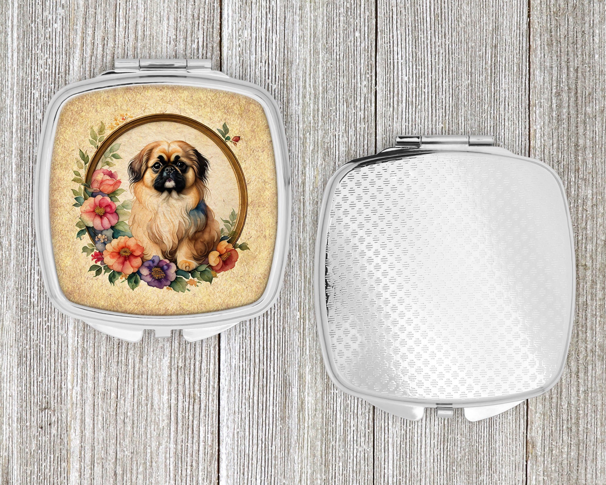 Pekingese and Flowers Compact Mirror Decorative Travel Makeup Mirror for Women Girls Gifts Pocket Makeup Mirror Folding Handheld