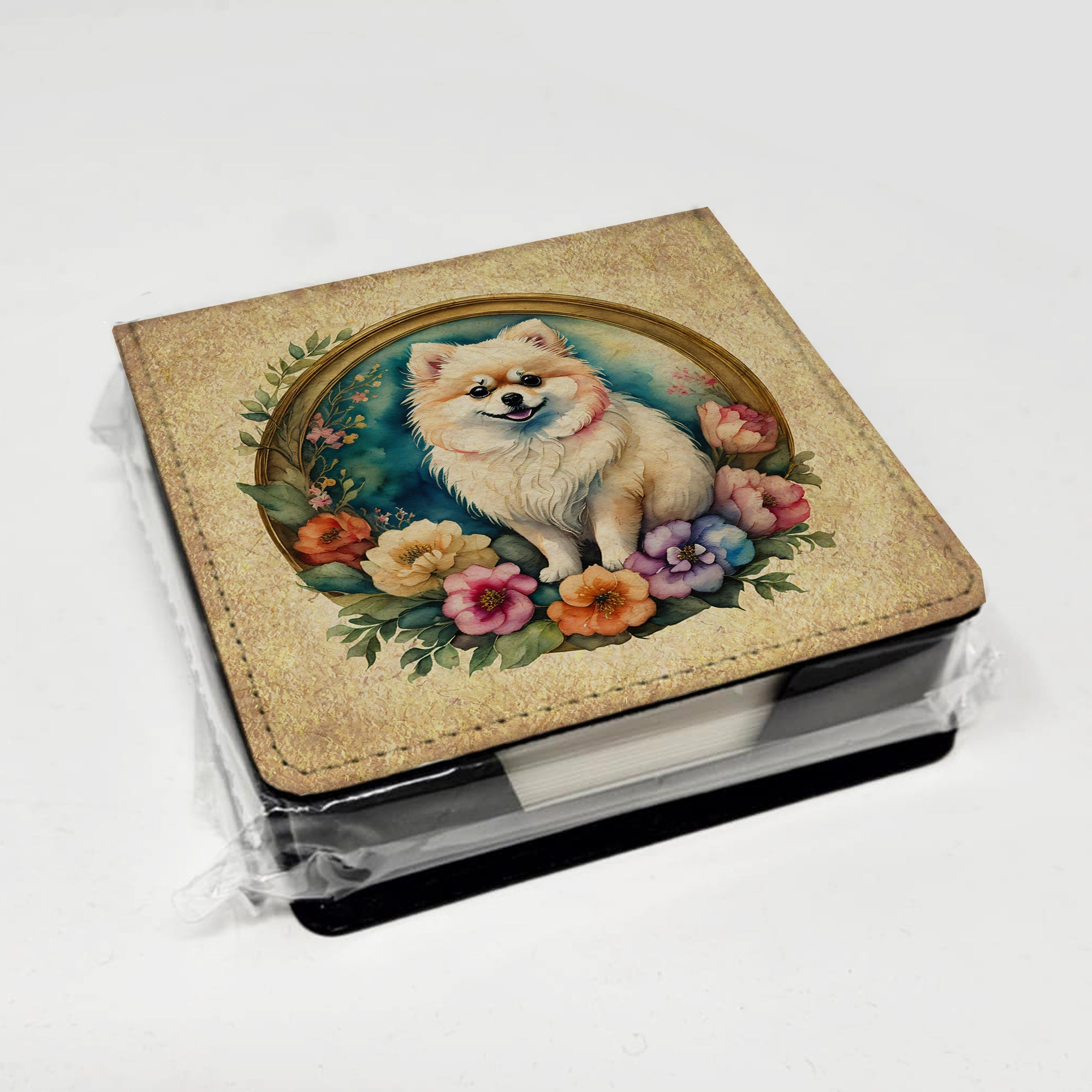 Pomeranian and Flowers PU Leather Note Paper Holder with Artist-Designed Cover, Desk Accessory, Office Gift