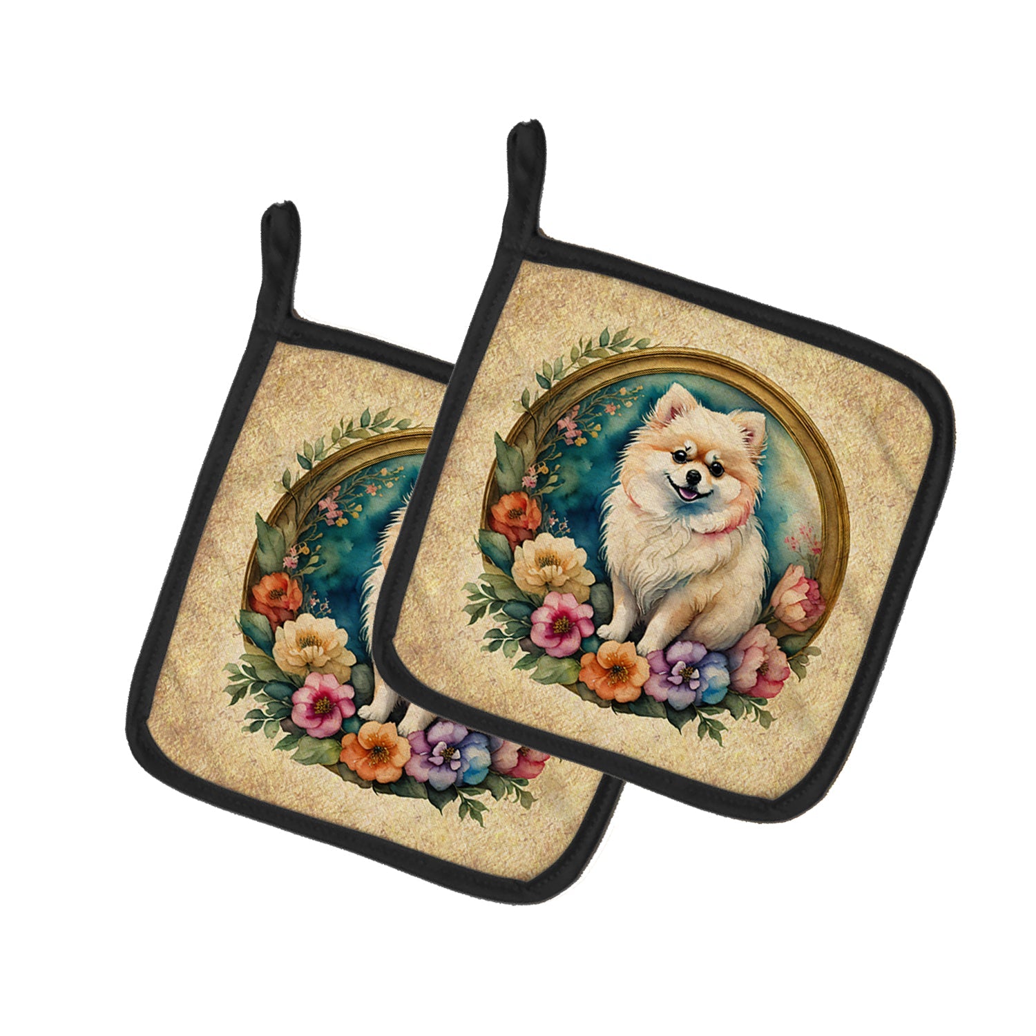 Pomeranian and Flowers Pot Holder Set of 2 Heat Resistant Quilted Hot Pads 7.5 x 7.5 Inch, Insulated Kitchen Trivets for Cooking & Baking