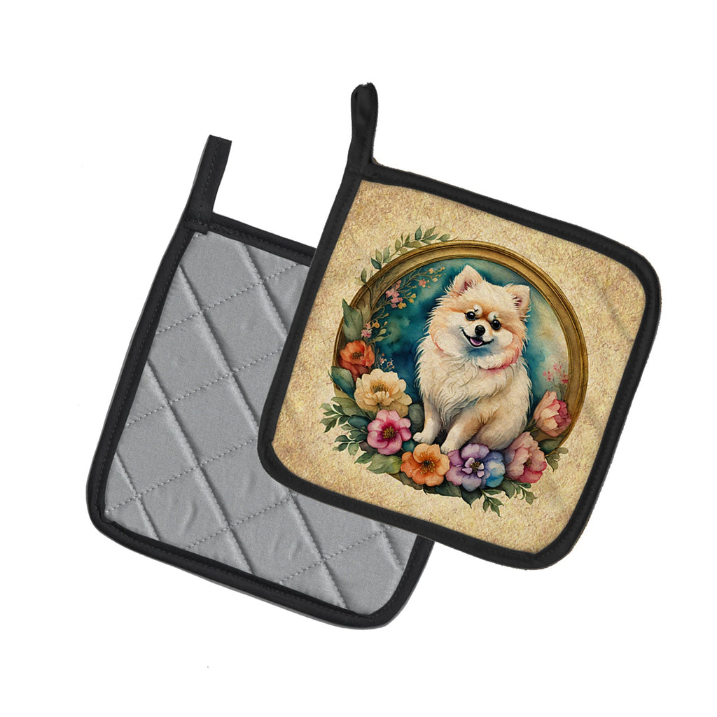 Pomeranian and Flowers Pot Holder Set of 2 Heat Resistant Quilted Hot Pads 7.5 x 7.5 Inch, Insulated Kitchen Trivets for Cooking & Baking