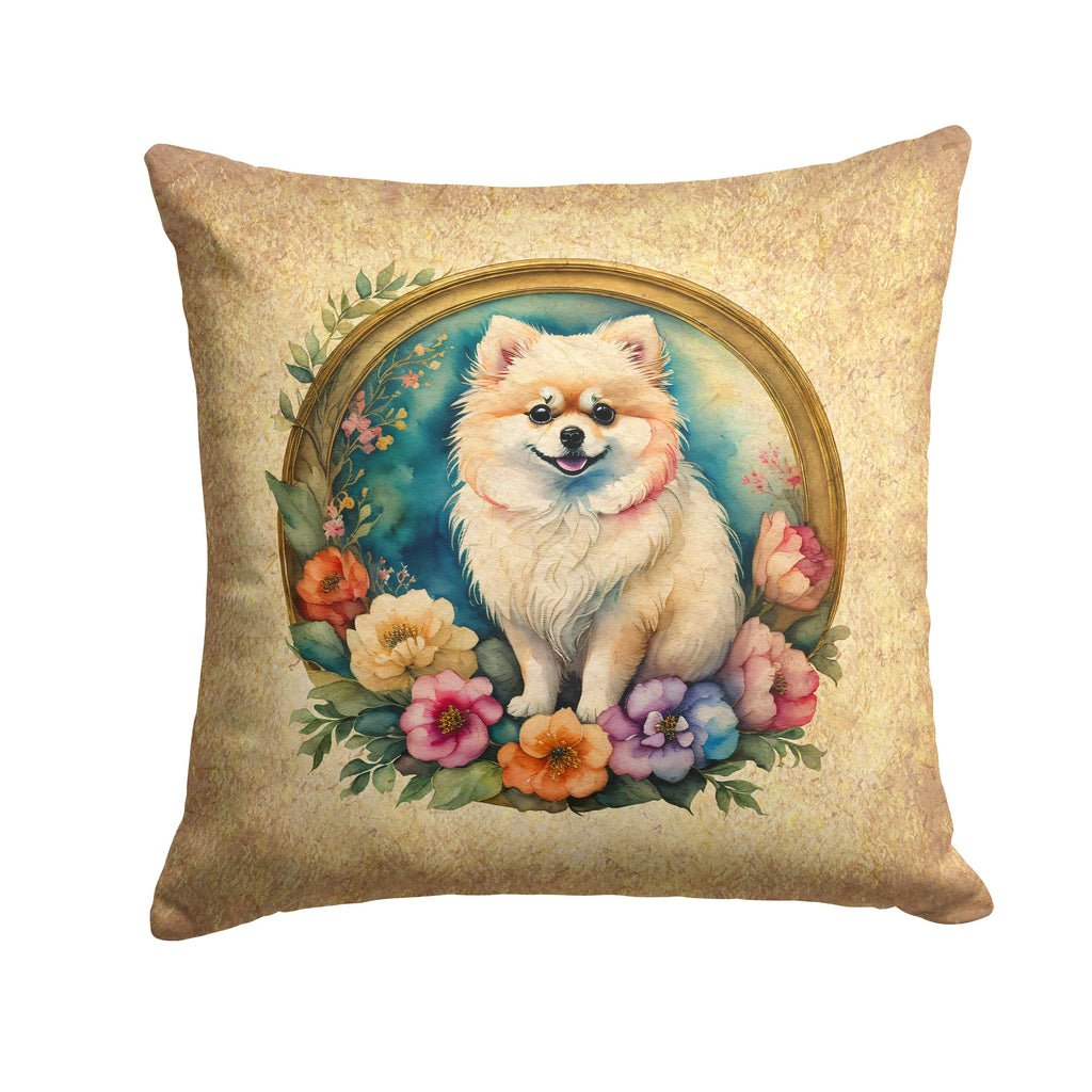 Pomeranian and Flowers Decorative Throw Pillow 14x14 Indoor Outdoor Accent Cushion, Fabric Cover with Insert for Sofa, Bed, Porch & Living Room