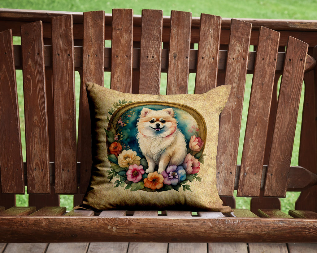 Pomeranian and Flowers Decorative Throw Pillow 14x14 Indoor Outdoor Accent Cushion, Fabric Cover with Insert for Sofa, Bed, Porch & Living Room