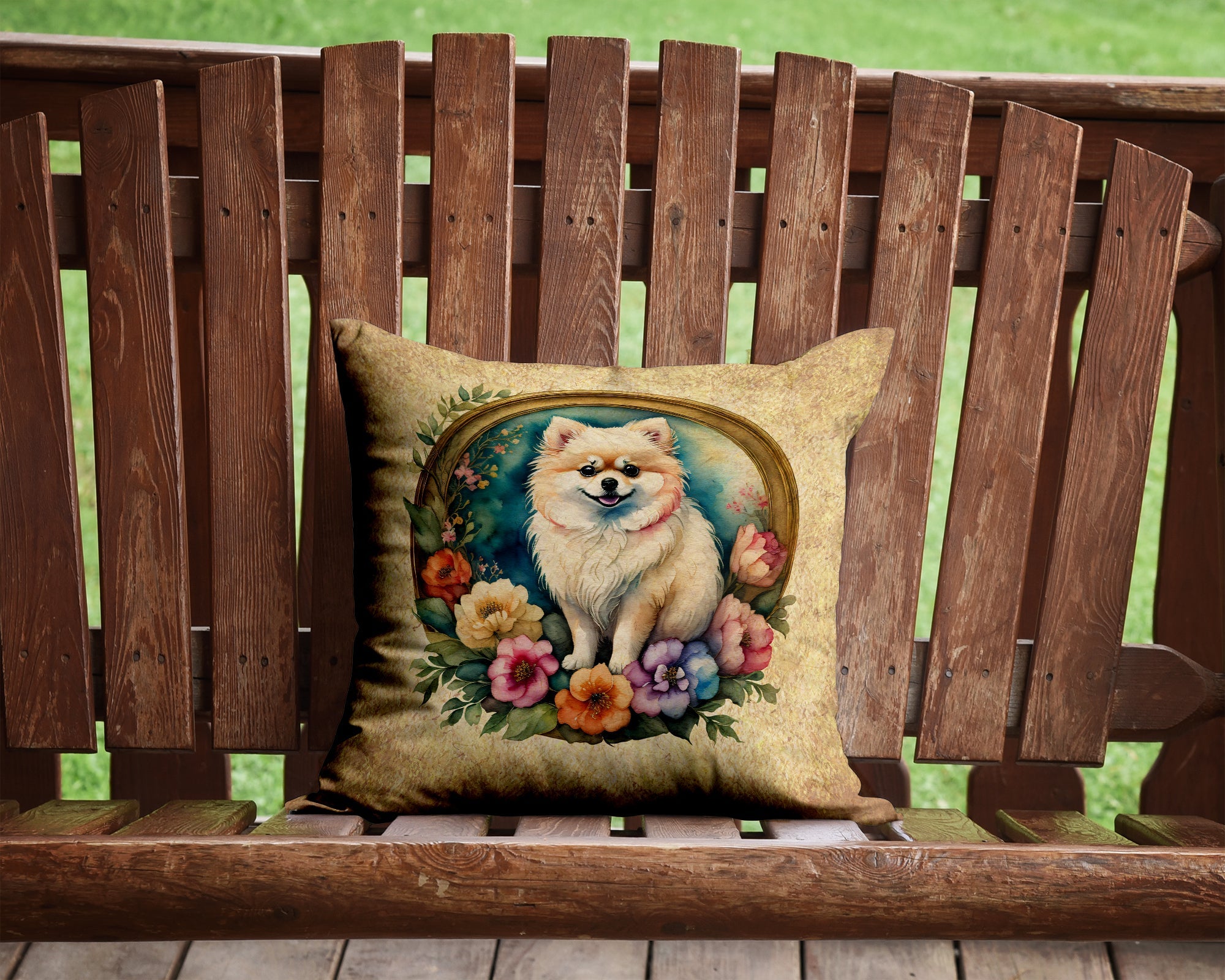 Pomeranian and Flowers Decorative Throw Pillow 14x14 Indoor Outdoor Accent Cushion, Fabric Cover with Insert for Sofa, Bed, Porch & Living Room