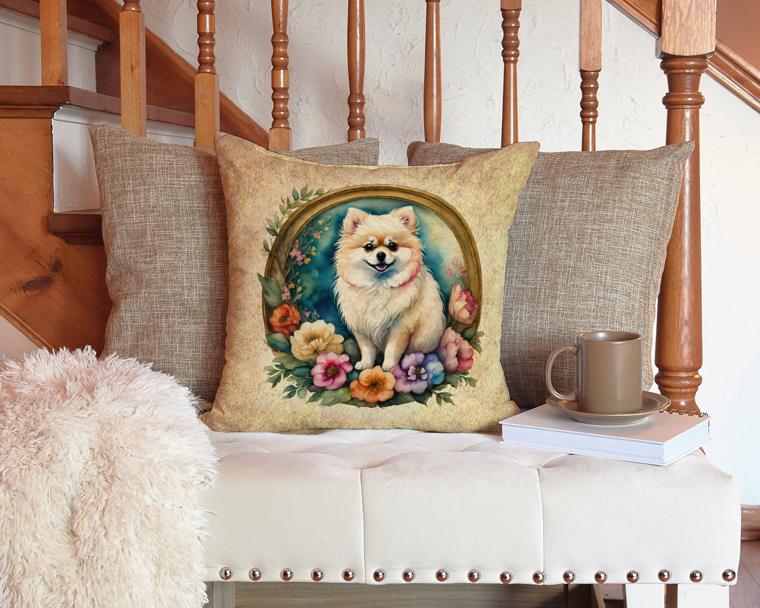 Pomeranian and Flowers Decorative Throw Pillow 14x14 Indoor Outdoor Accent Cushion, Fabric Cover with Insert for Sofa, Bed, Porch & Living Room