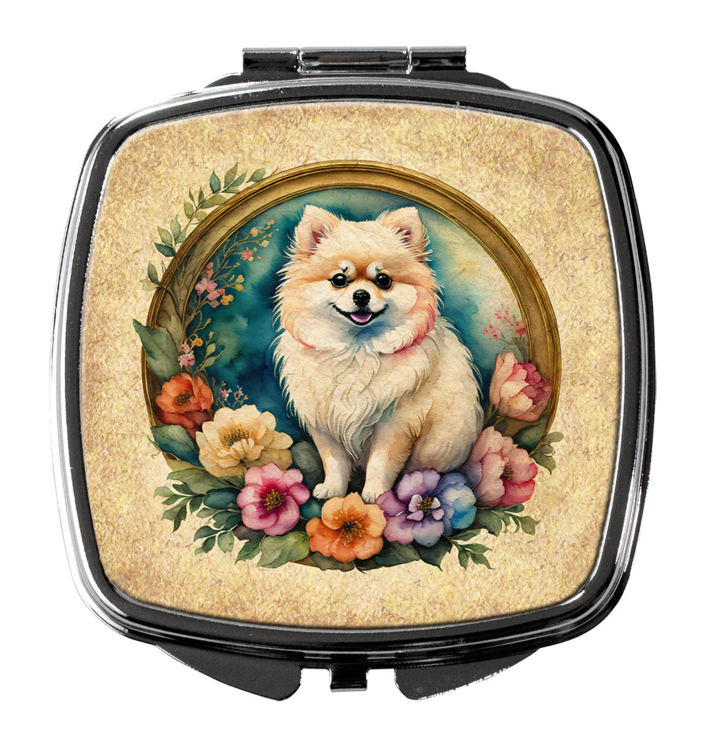 Pomeranian and Flowers Compact Mirror Decorative Travel Makeup Mirror for Women Girls Gifts Pocket Makeup Mirror Folding Handheld