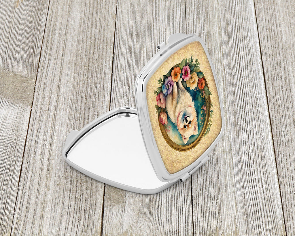 Pomeranian and Flowers Compact Mirror Decorative Travel Makeup Mirror for Women Girls Gifts Pocket Makeup Mirror Folding Handheld