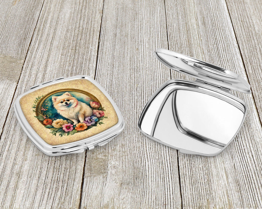Pomeranian and Flowers Compact Mirror Decorative Travel Makeup Mirror for Women Girls Gifts Pocket Makeup Mirror Folding Handheld