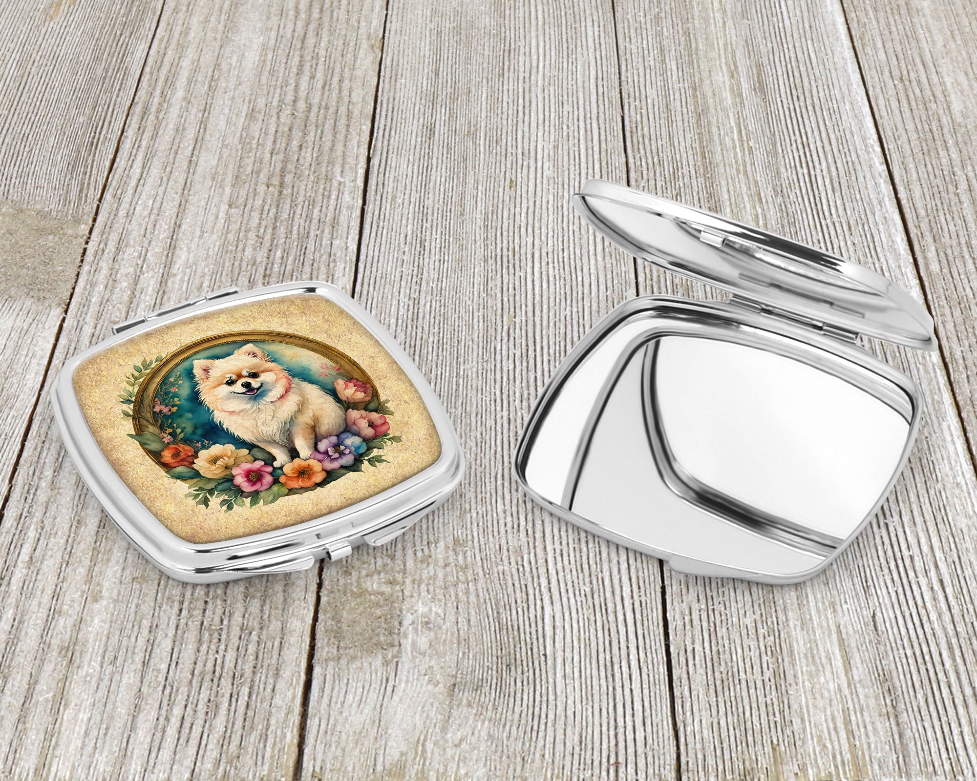 Pomeranian and Flowers Compact Mirror Decorative Travel Makeup Mirror for Women Girls Gifts Pocket Makeup Mirror Folding Handheld