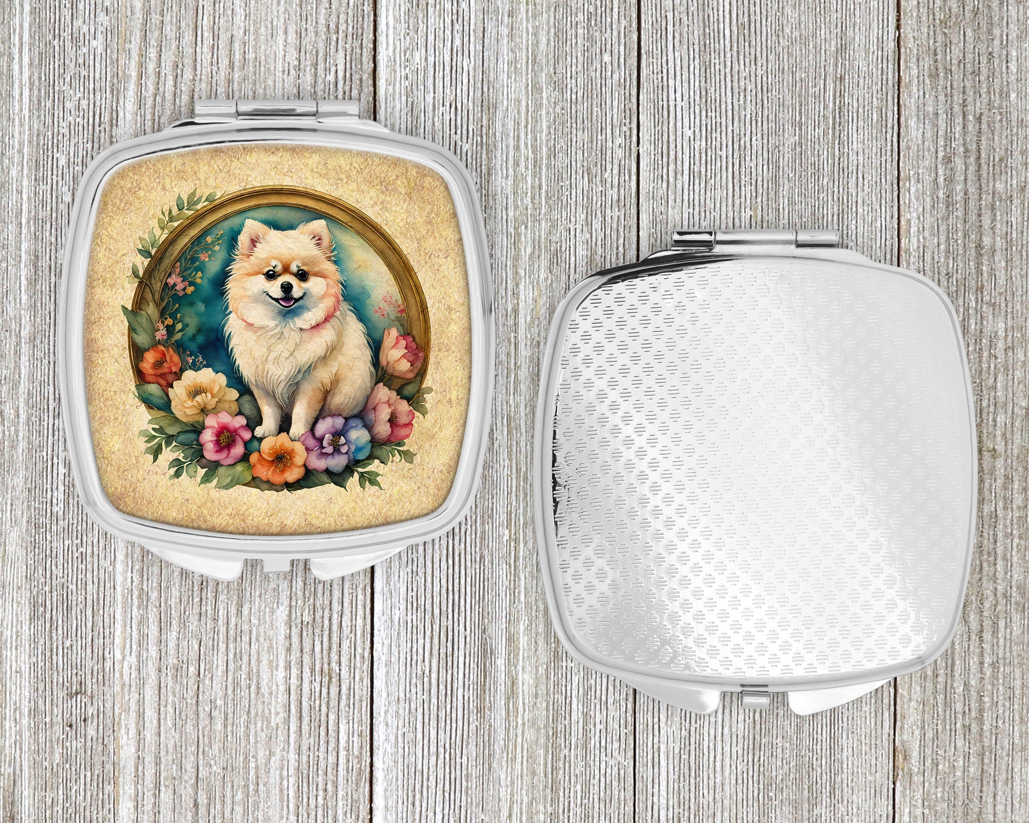 Pomeranian and Flowers Compact Mirror Decorative Travel Makeup Mirror for Women Girls Gifts Pocket Makeup Mirror Folding Handheld