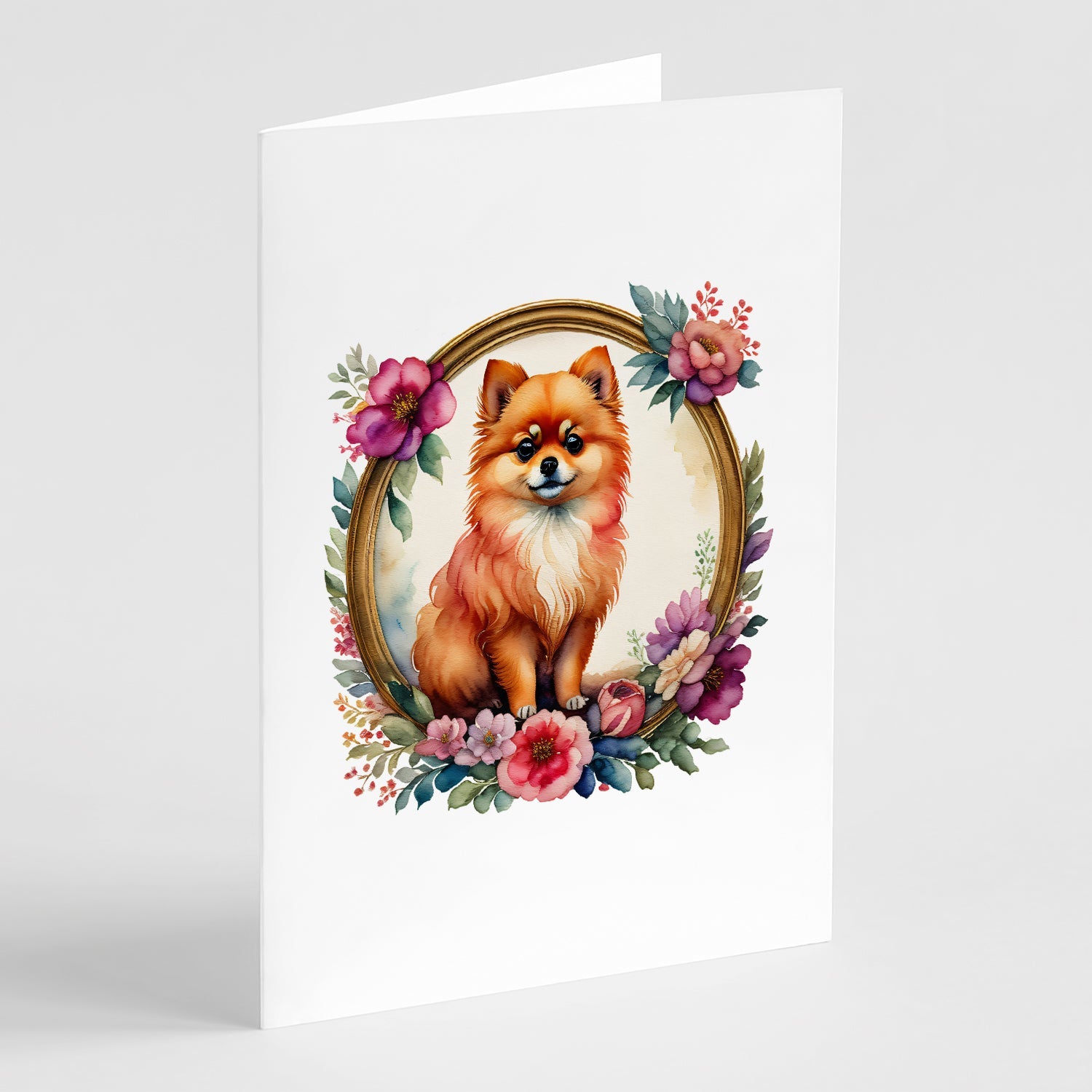 Pomeranian and Flowers Greeting Cards Pack of 8 Blank Cards with Envelopes Whimsical A7 Size 5x7
