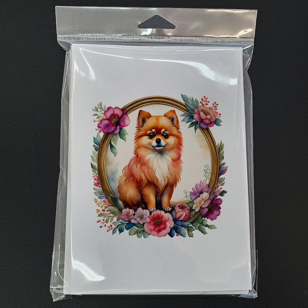 Pomeranian and Flowers Greeting Cards Pack of 8 Blank Cards with Envelopes Whimsical A7 Size 5x7