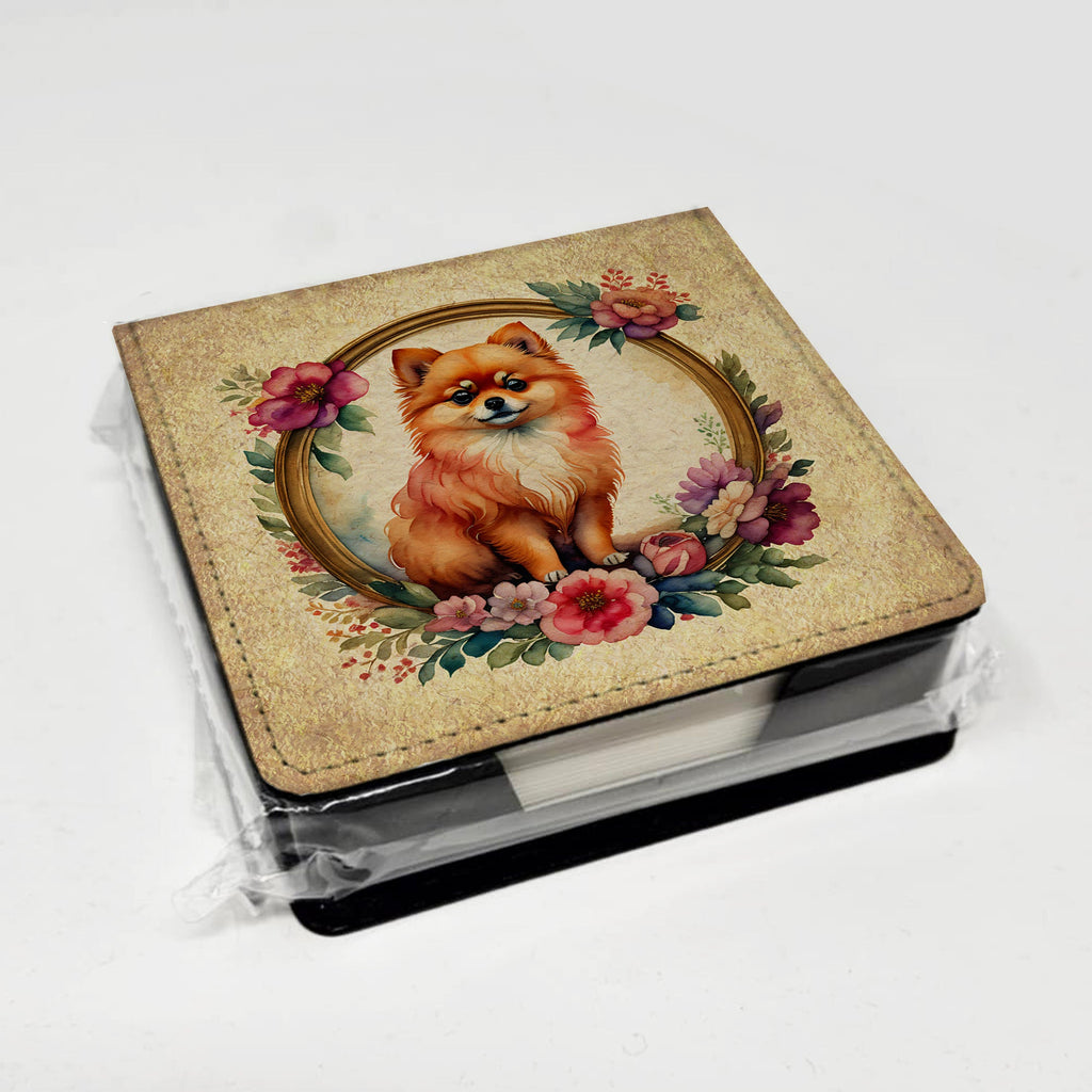Pomeranian and Flowers PU Leather Note Paper Holder with Artist-Designed Cover, Desk Accessory, Office Gift