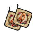 Pomeranian and Flowers Pot Holder Set of 2 Heat Resistant Quilted Hot Pads 7.5 x 7.5 Inch, Insulated Kitchen Trivets for Cooking & Baking