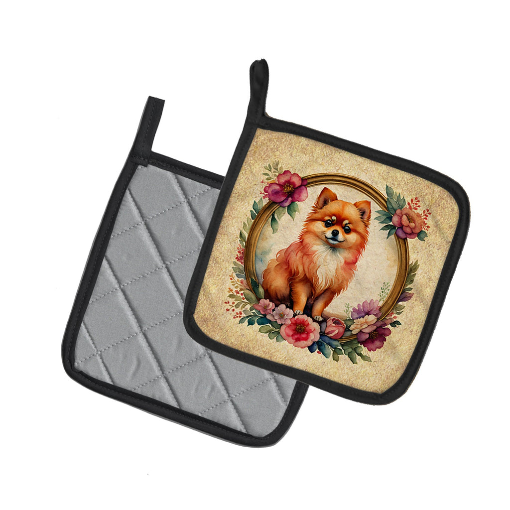 Pomeranian and Flowers Pot Holder Set of 2 Heat Resistant Quilted Hot Pads 7.5 x 7.5 Inch, Insulated Kitchen Trivets for Cooking & Baking
