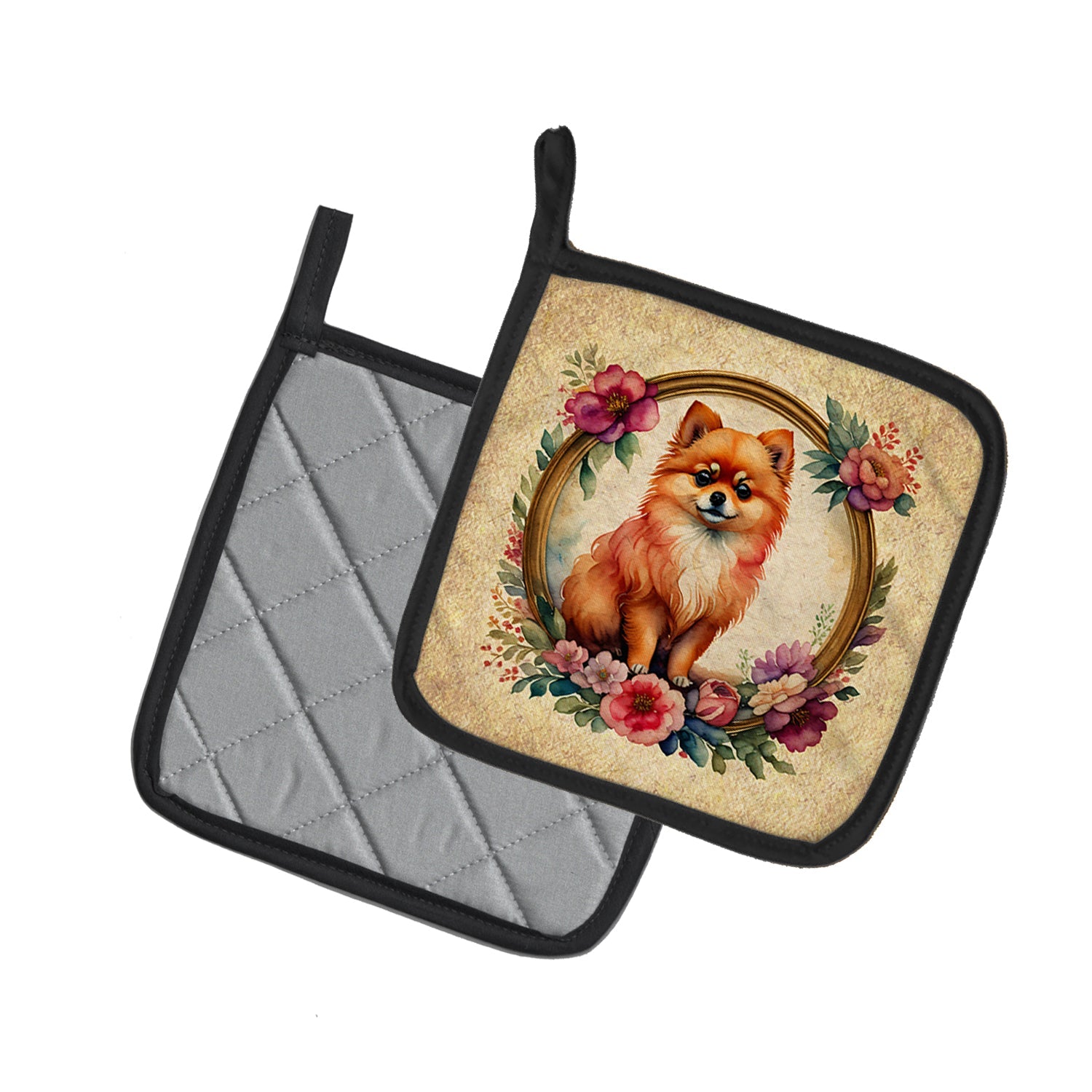 Pomeranian and Flowers Pot Holder Set of 2 Heat Resistant Quilted Hot Pads 7.5 x 7.5 Inch, Insulated Kitchen Trivets for Cooking & Baking