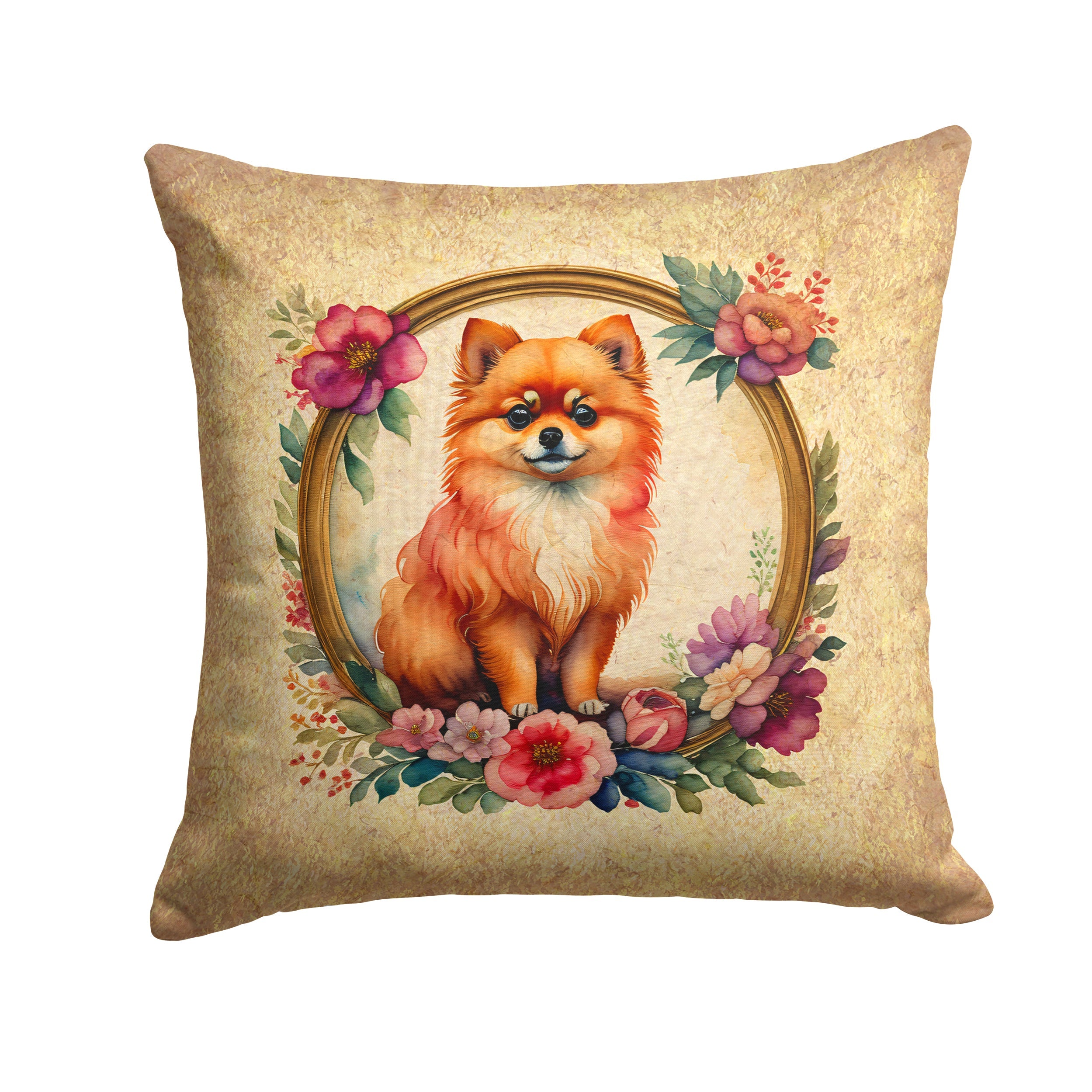 Pomeranian and Flowers Decorative Throw Pillow 14x14 Indoor Outdoor Accent Cushion, Fabric Cover with Insert for Sofa, Bed, Porch & Living Room