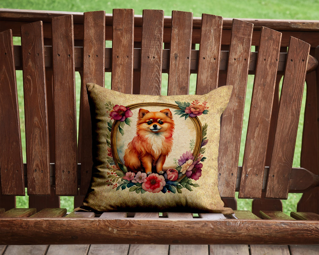 Pomeranian and Flowers Decorative Throw Pillow 14x14 Indoor Outdoor Accent Cushion, Fabric Cover with Insert for Sofa, Bed, Porch & Living Room