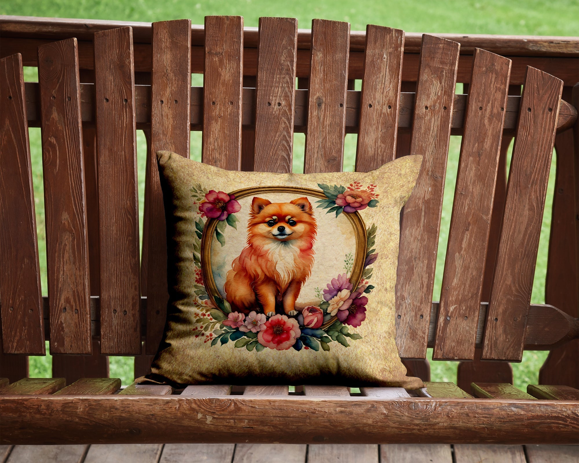 Pomeranian and Flowers Decorative Throw Pillow 14x14 Indoor Outdoor Accent Cushion, Fabric Cover with Insert for Sofa, Bed, Porch & Living Room