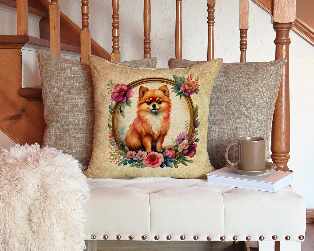 Pomeranian and Flowers Decorative Throw Pillow 14x14 Indoor Outdoor Accent Cushion, Fabric Cover with Insert for Sofa, Bed, Porch & Living Room