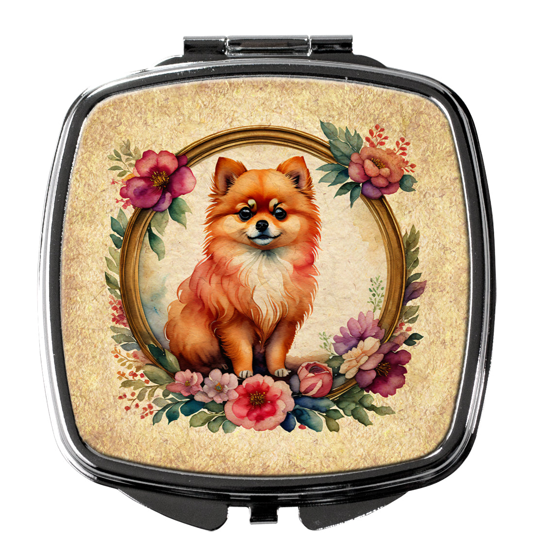 Pomeranian and Flowers Compact Mirror Decorative Travel Makeup Mirror for Women Girls Gifts Pocket Makeup Mirror Folding Handheld
