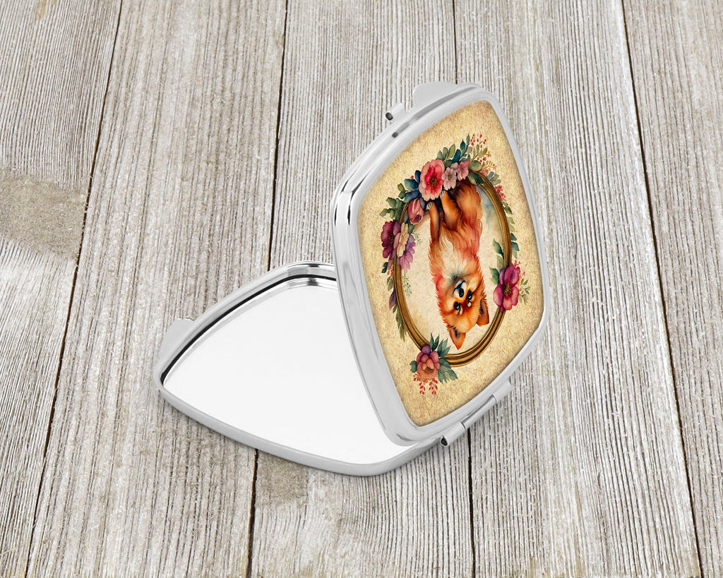 Pomeranian and Flowers Compact Mirror Decorative Travel Makeup Mirror for Women Girls Gifts Pocket Makeup Mirror Folding Handheld