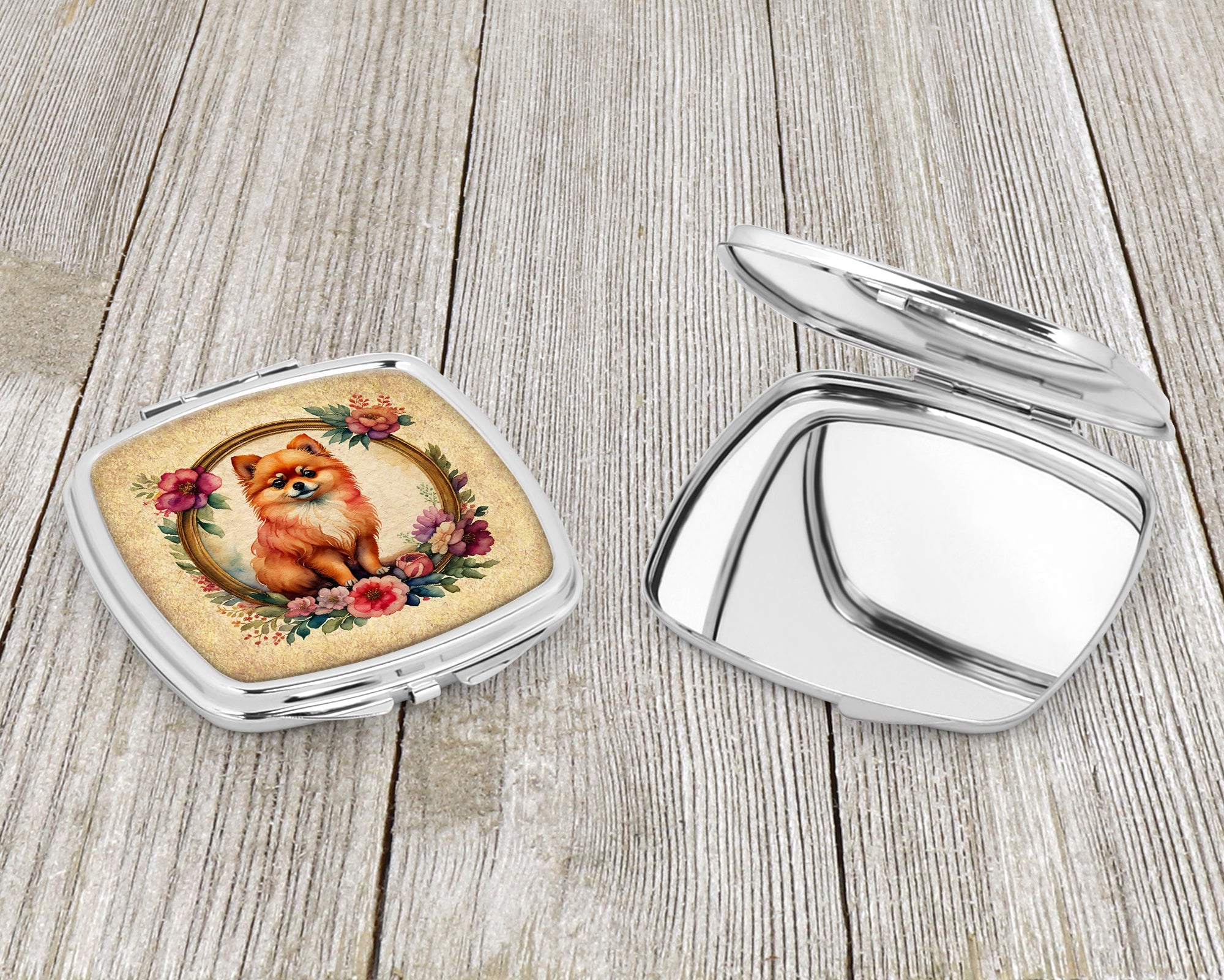 Pomeranian and Flowers Compact Mirror Decorative Travel Makeup Mirror for Women Girls Gifts Pocket Makeup Mirror Folding Handheld