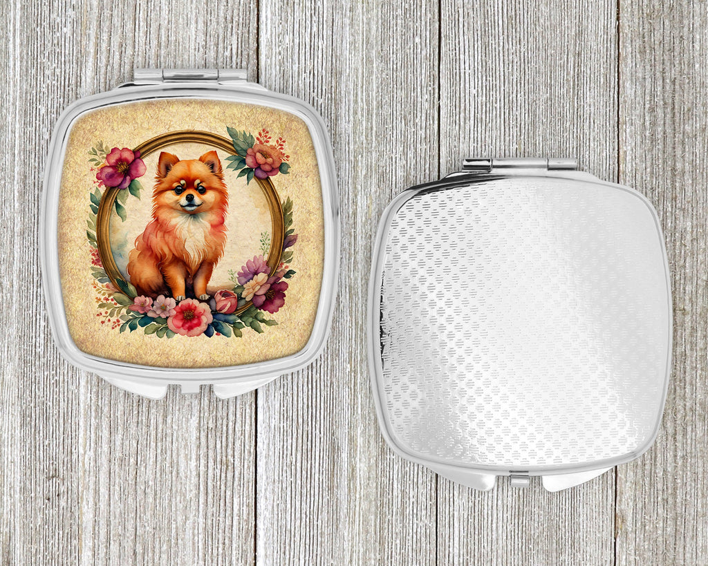 Pomeranian and Flowers Compact Mirror Decorative Travel Makeup Mirror for Women Girls Gifts Pocket Makeup Mirror Folding Handheld