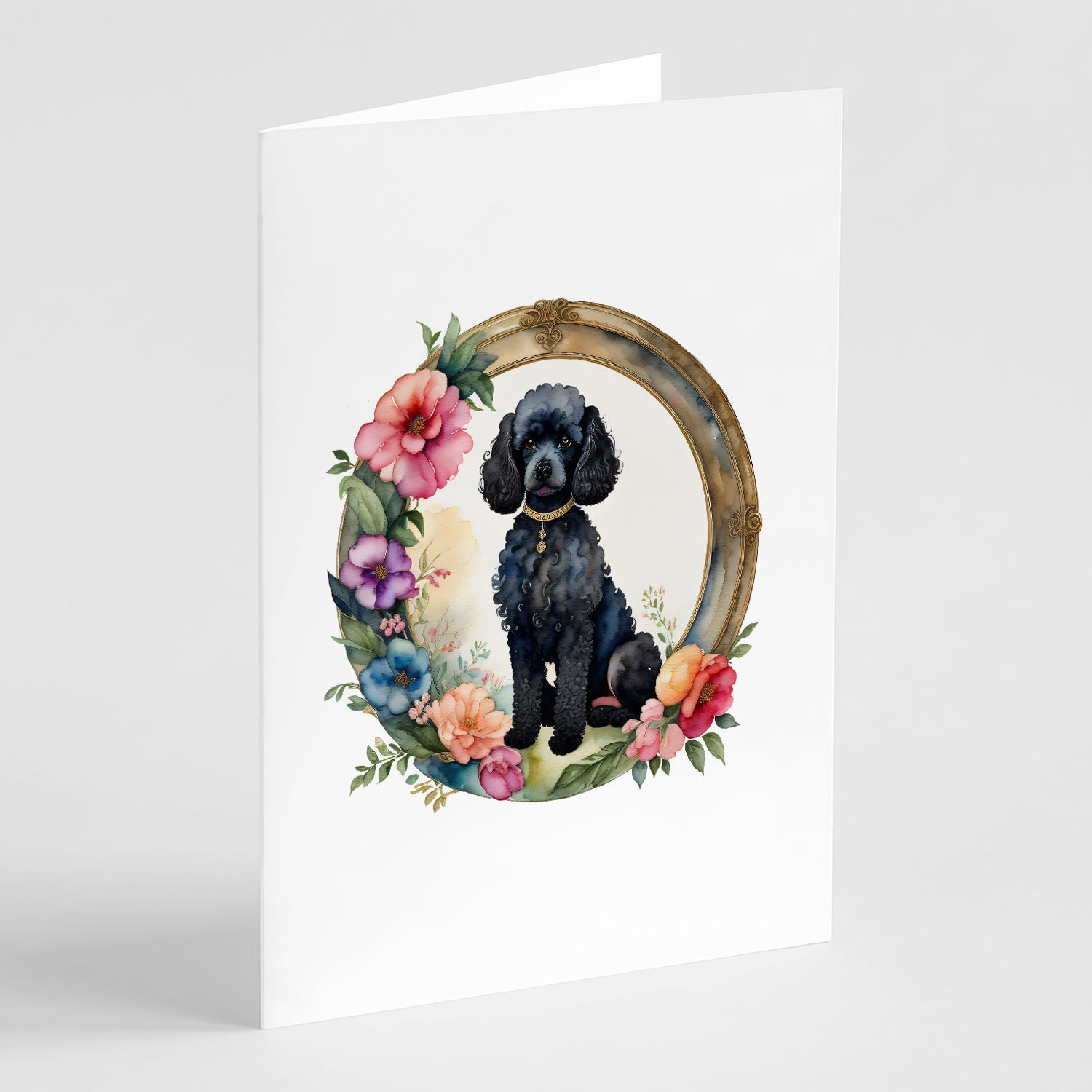 Black Poodle and Flowers Greeting Cards Pack of 8 Blank Cards with Envelopes Whimsical A7 Size 5x7