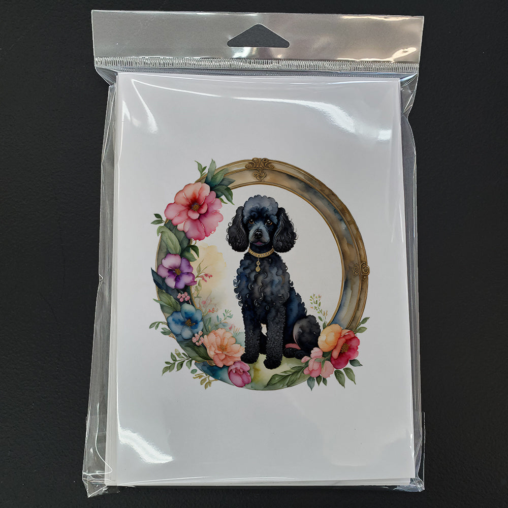 Black Poodle and Flowers Greeting Cards Pack of 8 Blank Cards with Envelopes Whimsical A7 Size 5x7