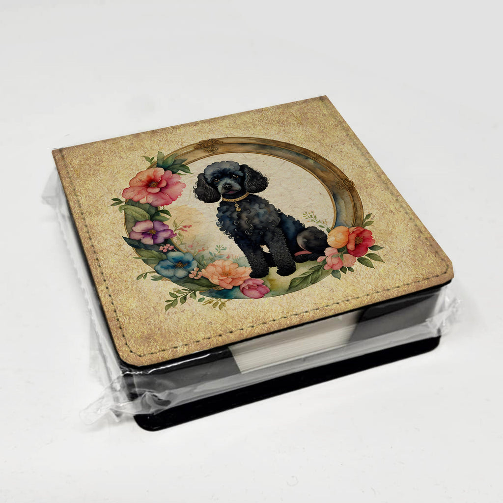 Black Poodle and Flowers PU Leather Note Paper Holder with Artist-Designed Cover, Desk Accessory, Office Gift