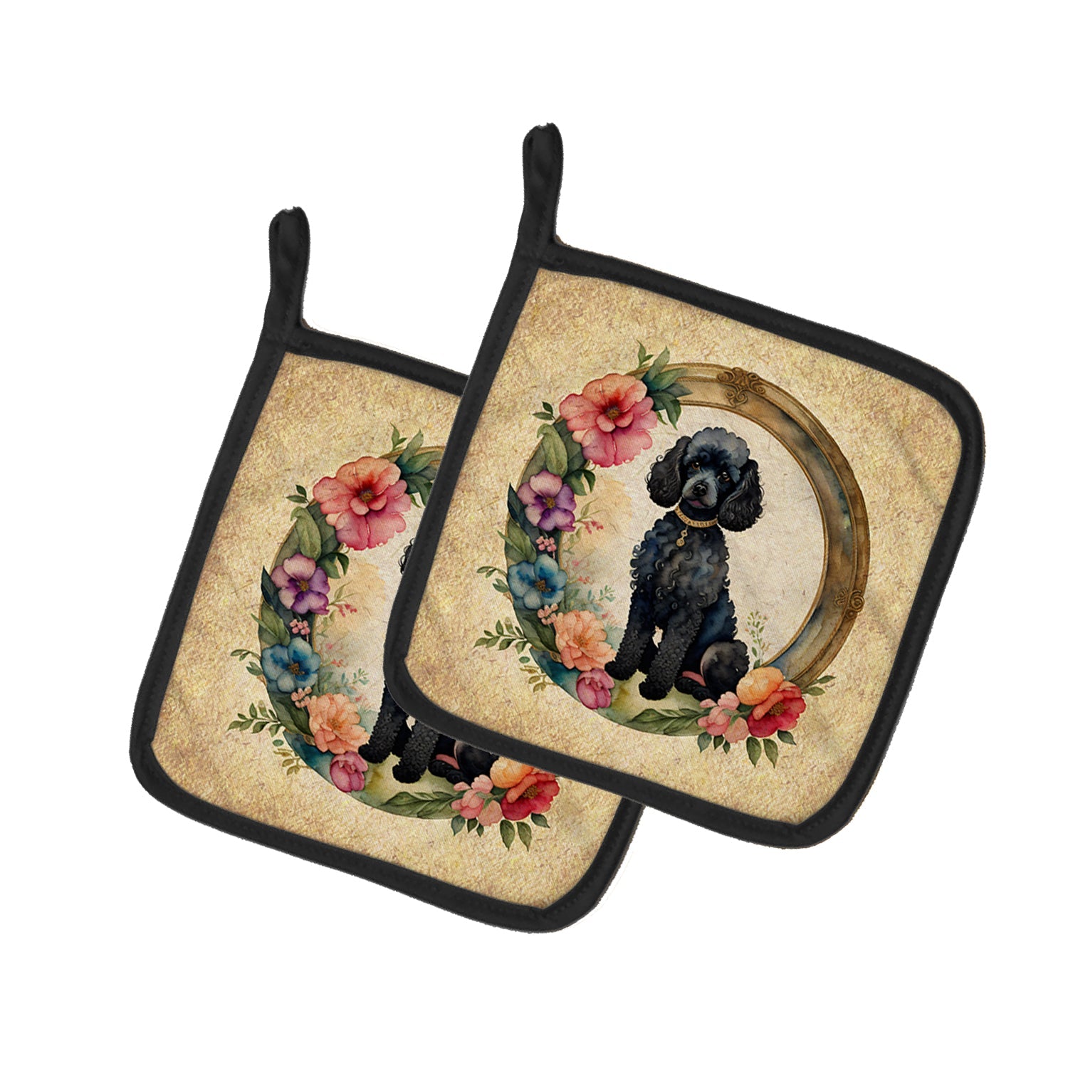 Black Poodle and Flowers Pot Holder Set of 2 Heat Resistant Quilted Hot Pads 7.5 x 7.5 Inch, Insulated Kitchen Trivets for Cooking & Baking