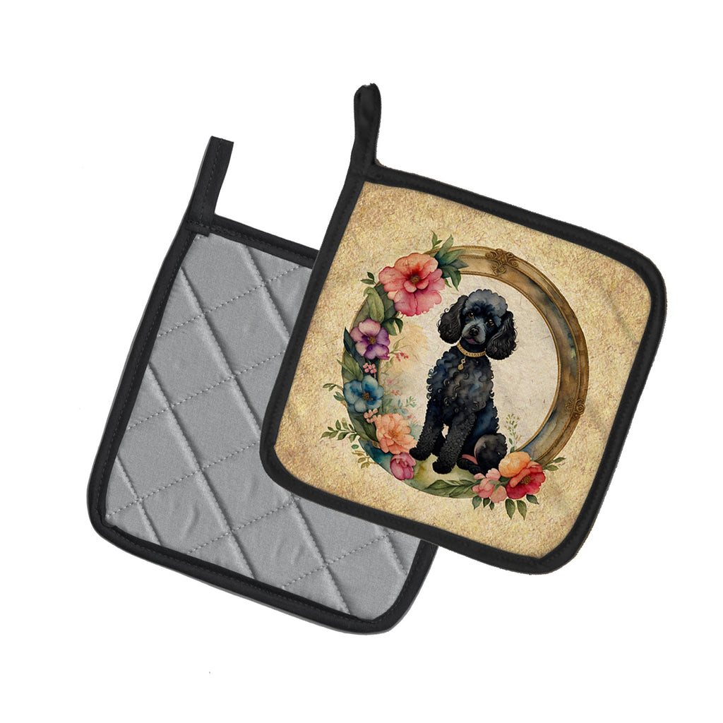 Black Poodle and Flowers Pot Holder Set of 2 Heat Resistant Quilted Hot Pads 7.5 x 7.5 Inch, Insulated Kitchen Trivets for Cooking & Baking