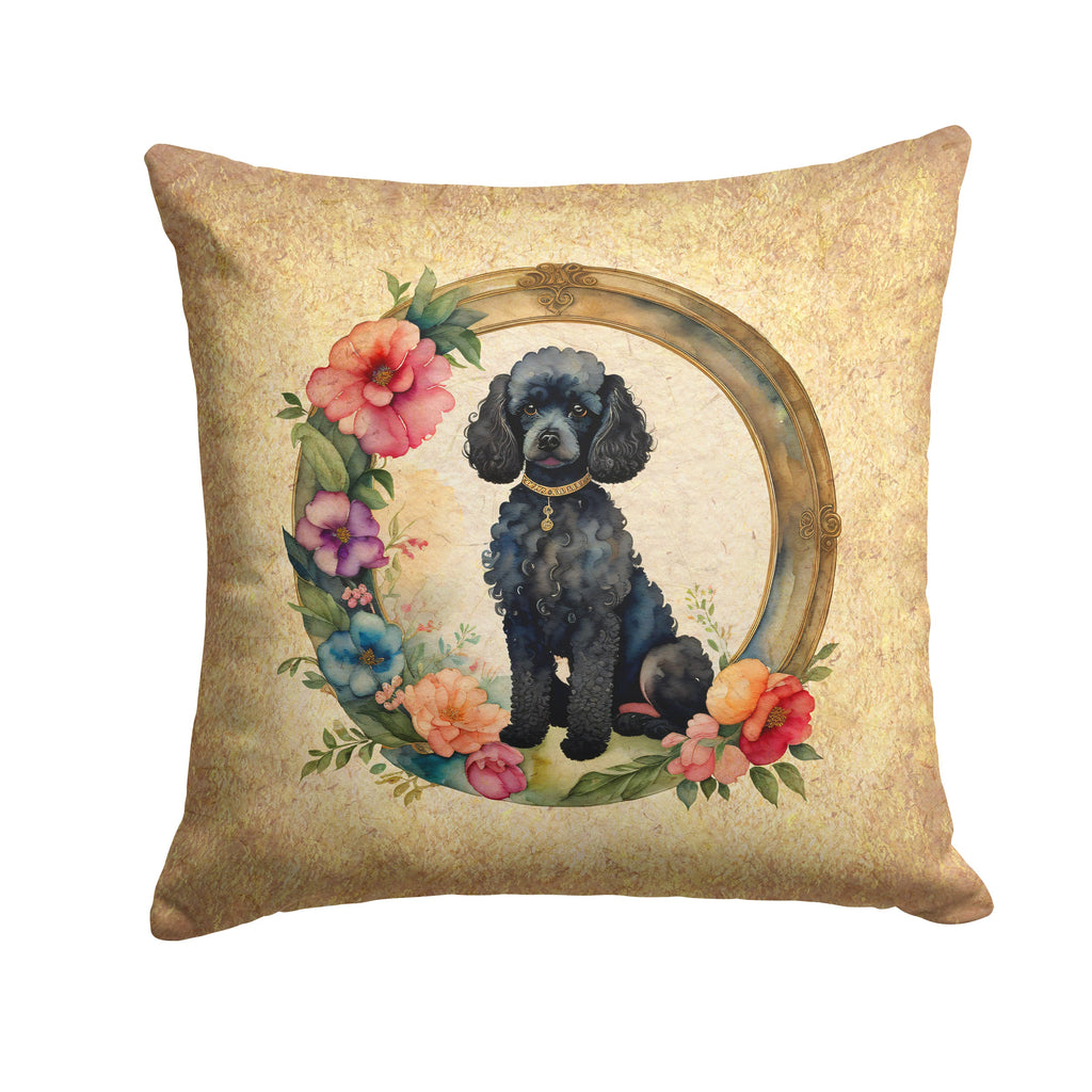 Black Poodle and Flowers Decorative Throw Pillow 14x14 Indoor Outdoor Accent Cushion, Fabric Cover with Insert for Sofa, Bed, Porch & Living Room