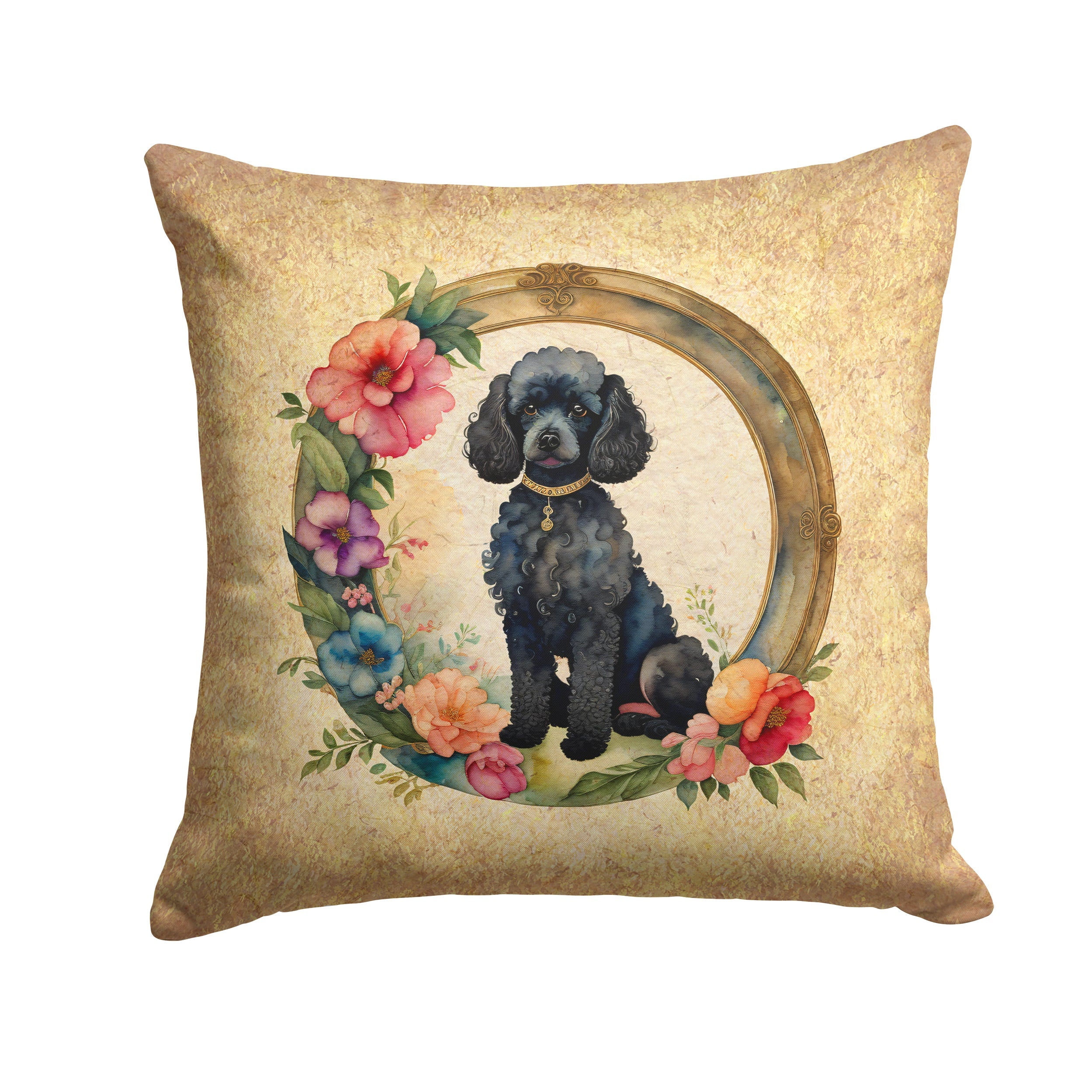 Black Poodle and Flowers Decorative Throw Pillow 14x14 Indoor Outdoor Accent Cushion, Fabric Cover with Insert for Sofa, Bed, Porch & Living Room
