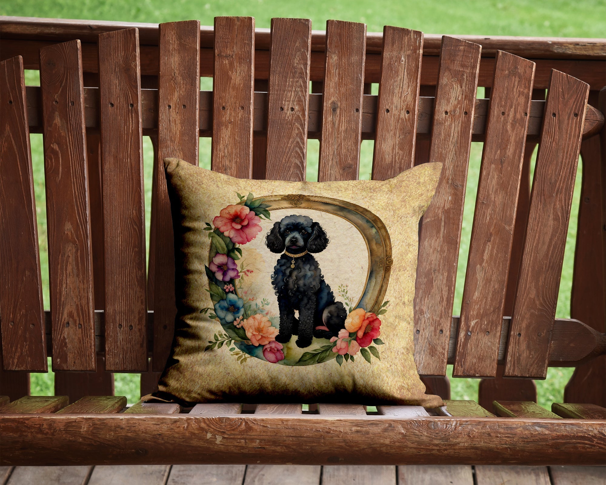Black Poodle and Flowers Decorative Throw Pillow 14x14 Indoor Outdoor Accent Cushion, Fabric Cover with Insert for Sofa, Bed, Porch & Living Room