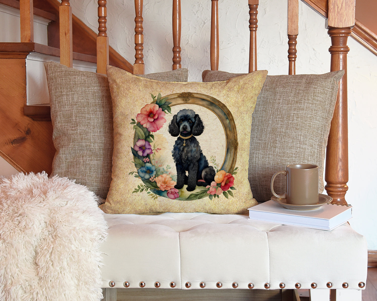 Black Poodle and Flowers Decorative Throw Pillow 14x14 Indoor Outdoor Accent Cushion, Fabric Cover with Insert for Sofa, Bed, Porch & Living Room