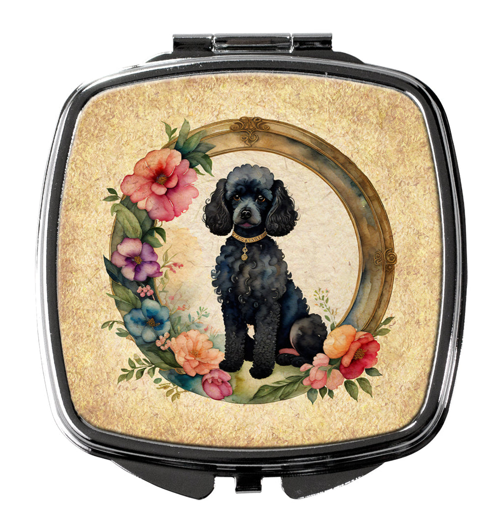Black Poodle and Flowers Compact Mirror Decorative Travel Makeup Mirror for Women Girls Gifts Pocket Makeup Mirror Folding Handheld