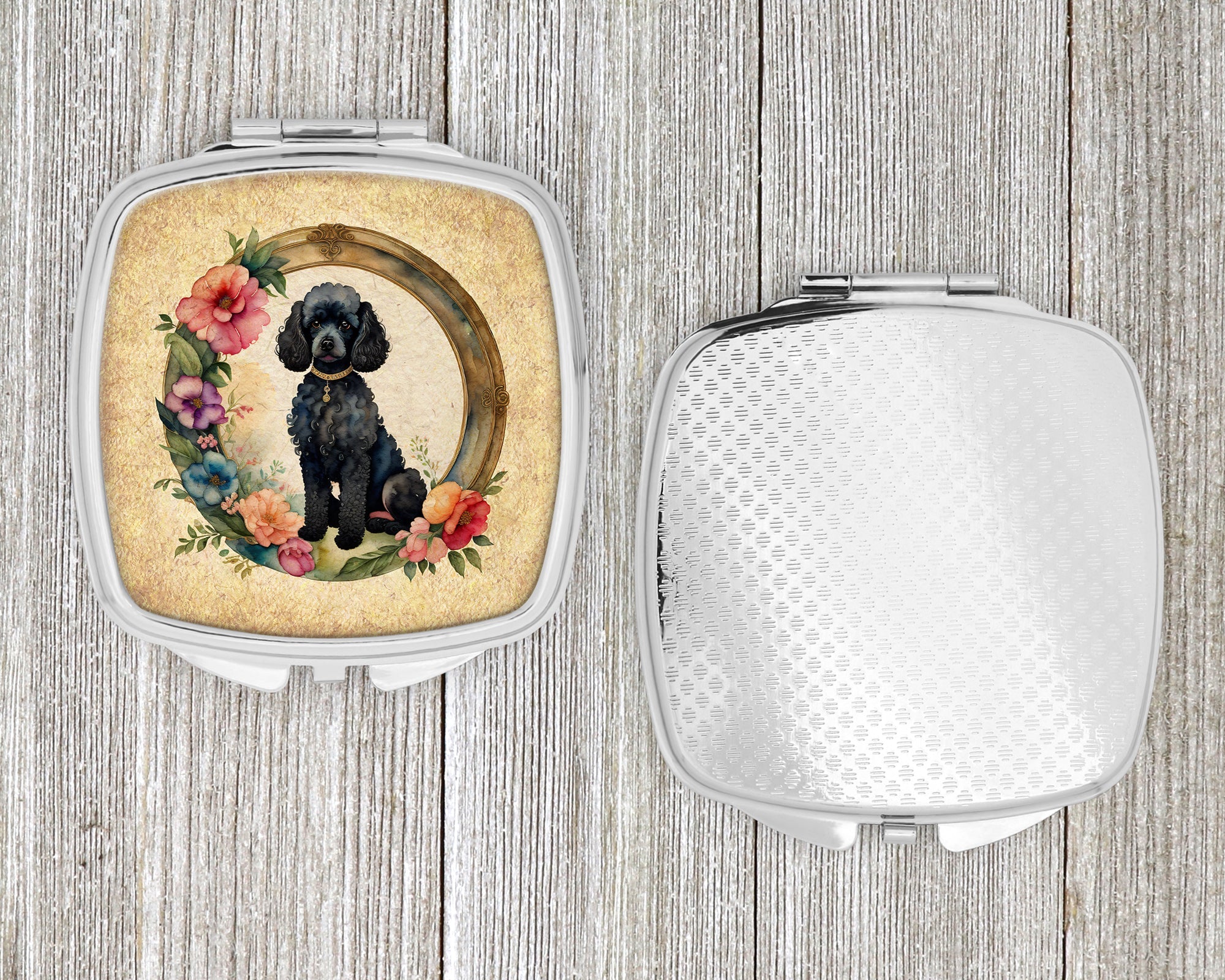 Black Poodle and Flowers Compact Mirror Decorative Travel Makeup Mirror for Women Girls Gifts Pocket Makeup Mirror Folding Handheld