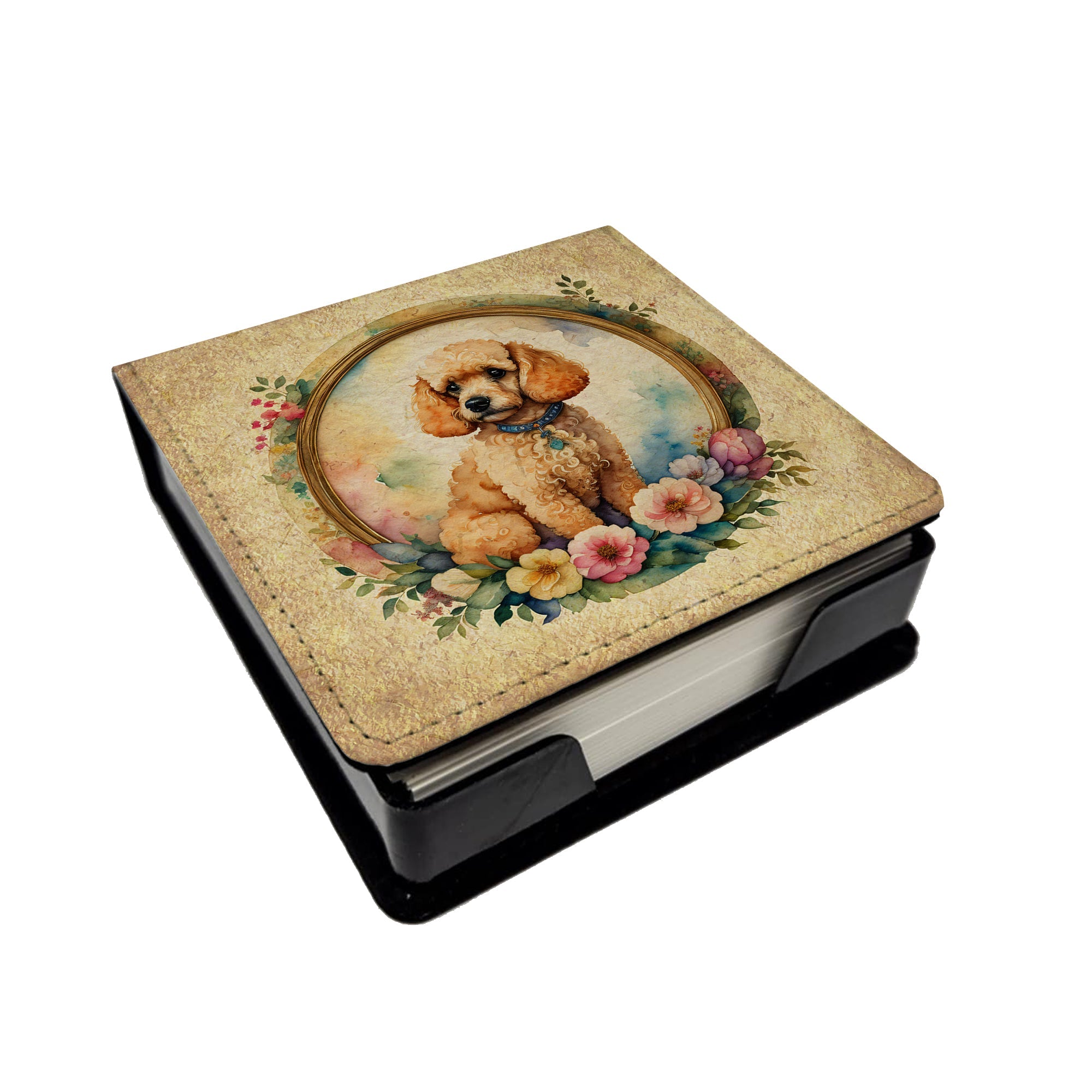 Poodle and Flowers PU Leather Note Paper Holder with Artist-Designed Cover, Desk Accessory, Office Gift