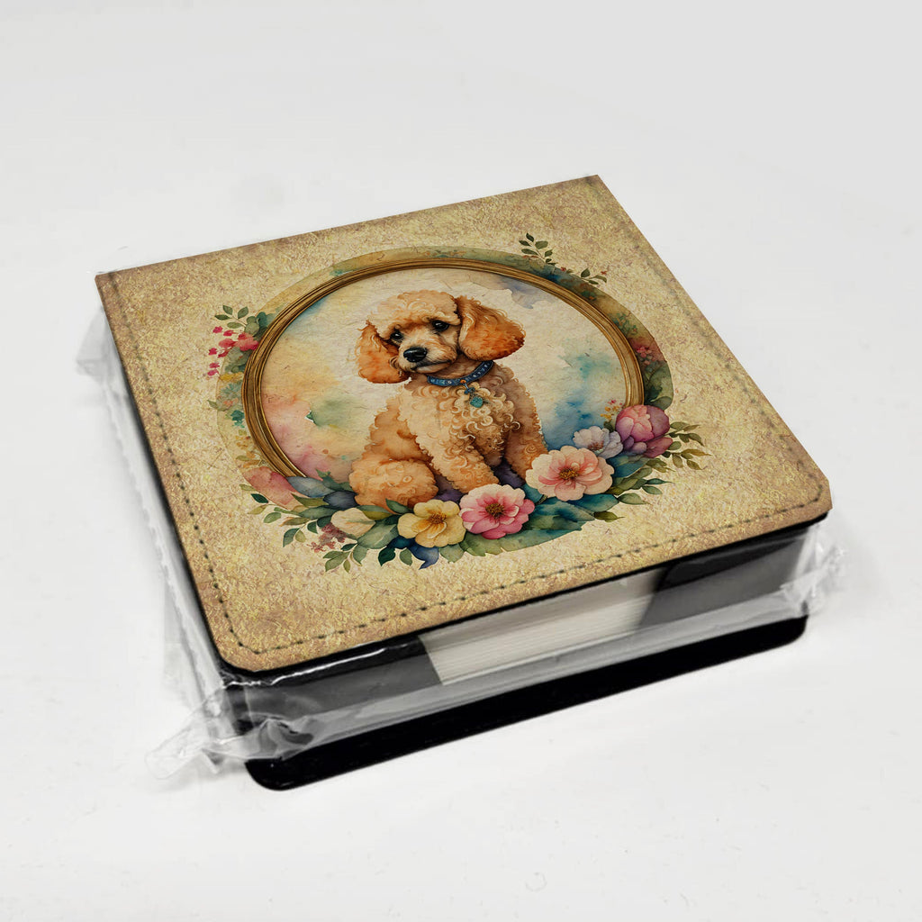 Poodle and Flowers PU Leather Note Paper Holder with Artist-Designed Cover, Desk Accessory, Office Gift