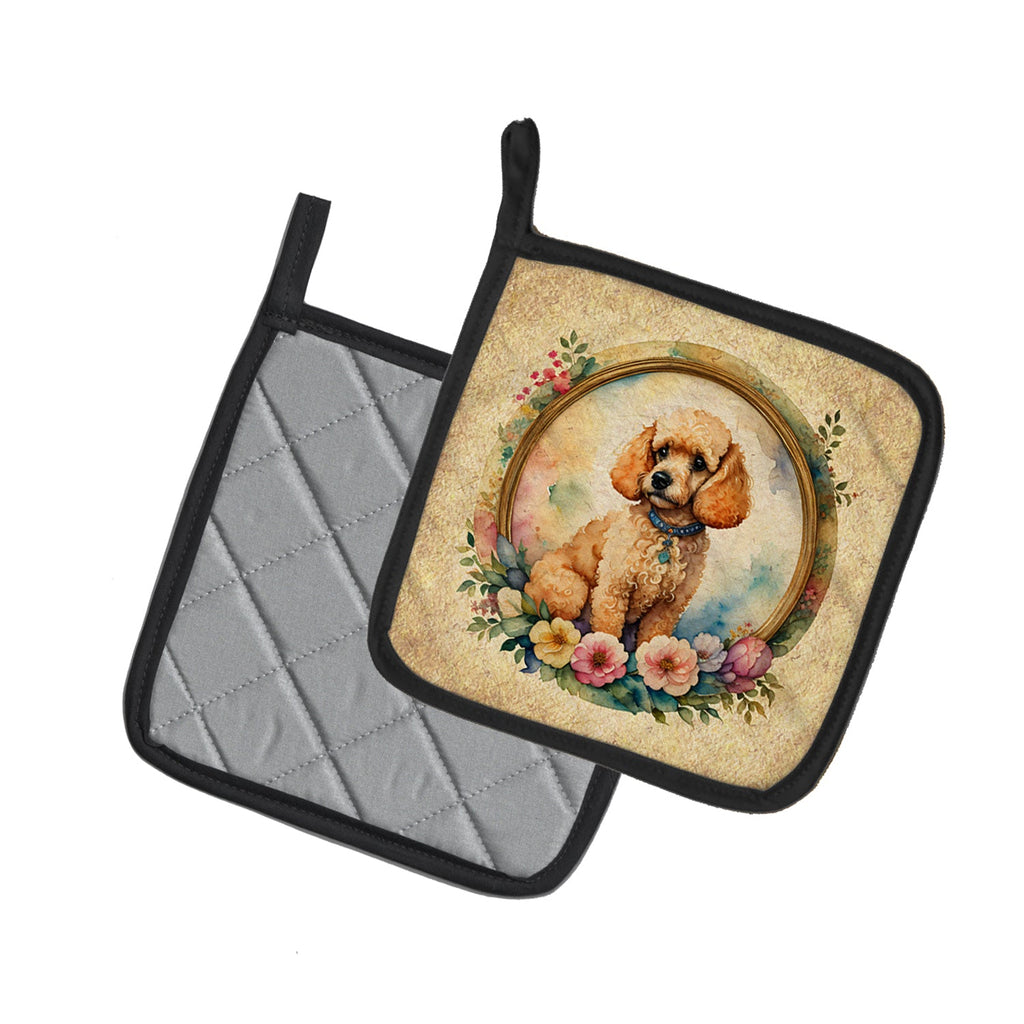 Poodle and Flowers Pot Holder Set of 2 Heat Resistant Quilted Hot Pads 7.5 x 7.5 Inch, Insulated Kitchen Trivets for Cooking & Baking