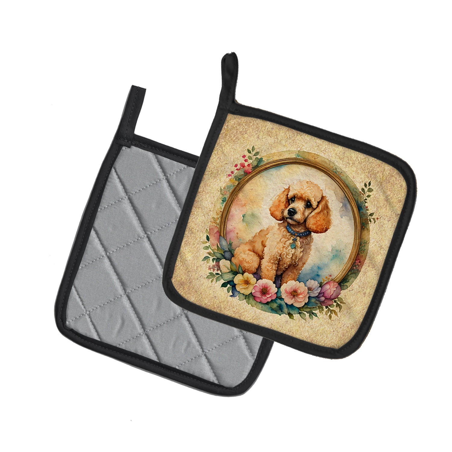 Poodle and Flowers Pot Holder Set of 2 Heat Resistant Quilted Hot Pads 7.5 x 7.5 Inch, Insulated Kitchen Trivets for Cooking & Baking