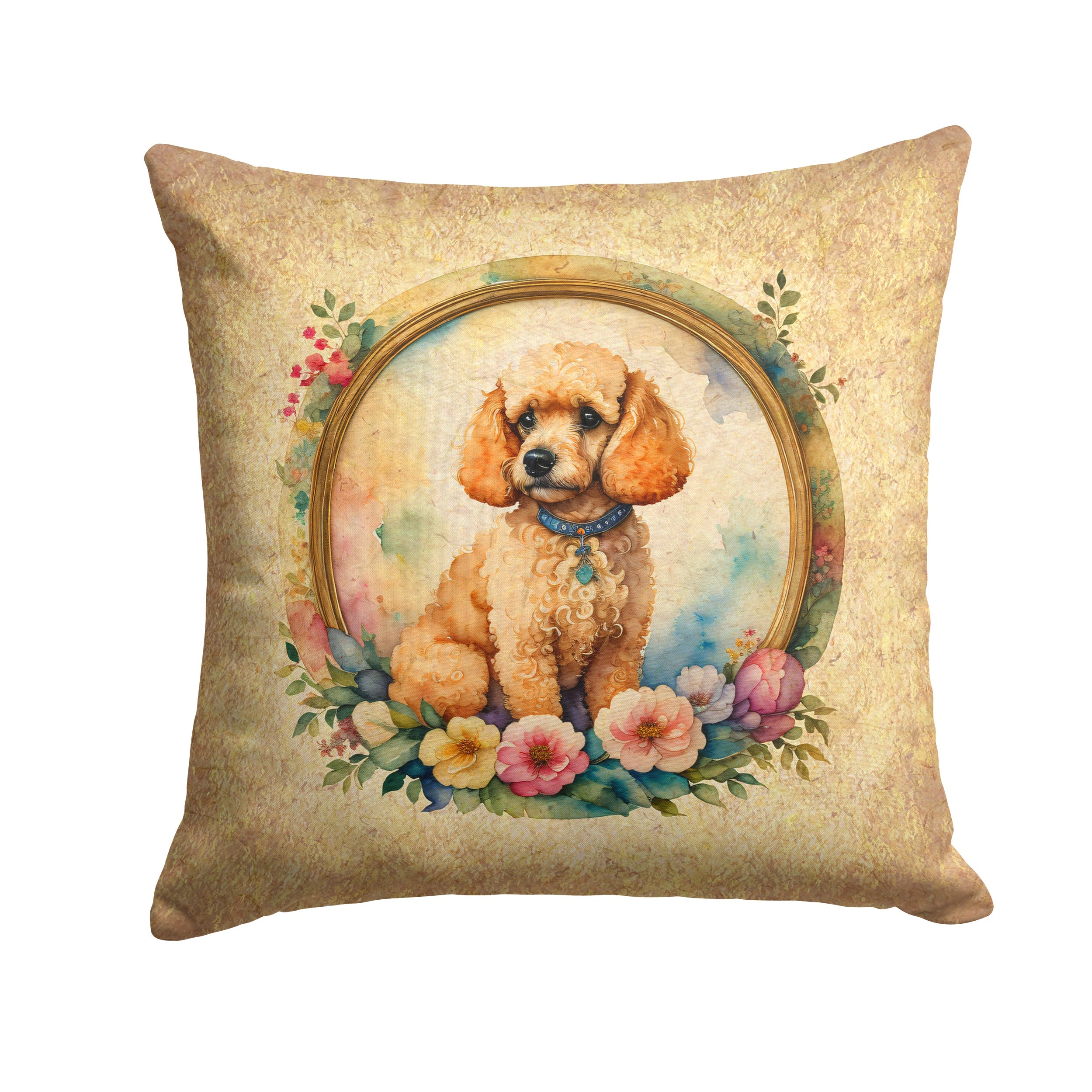 Poodle and Flowers Decorative Throw Pillow 14x14 Indoor Outdoor Accent Cushion, Fabric Cover with Insert for Sofa, Bed, Porch & Living Room