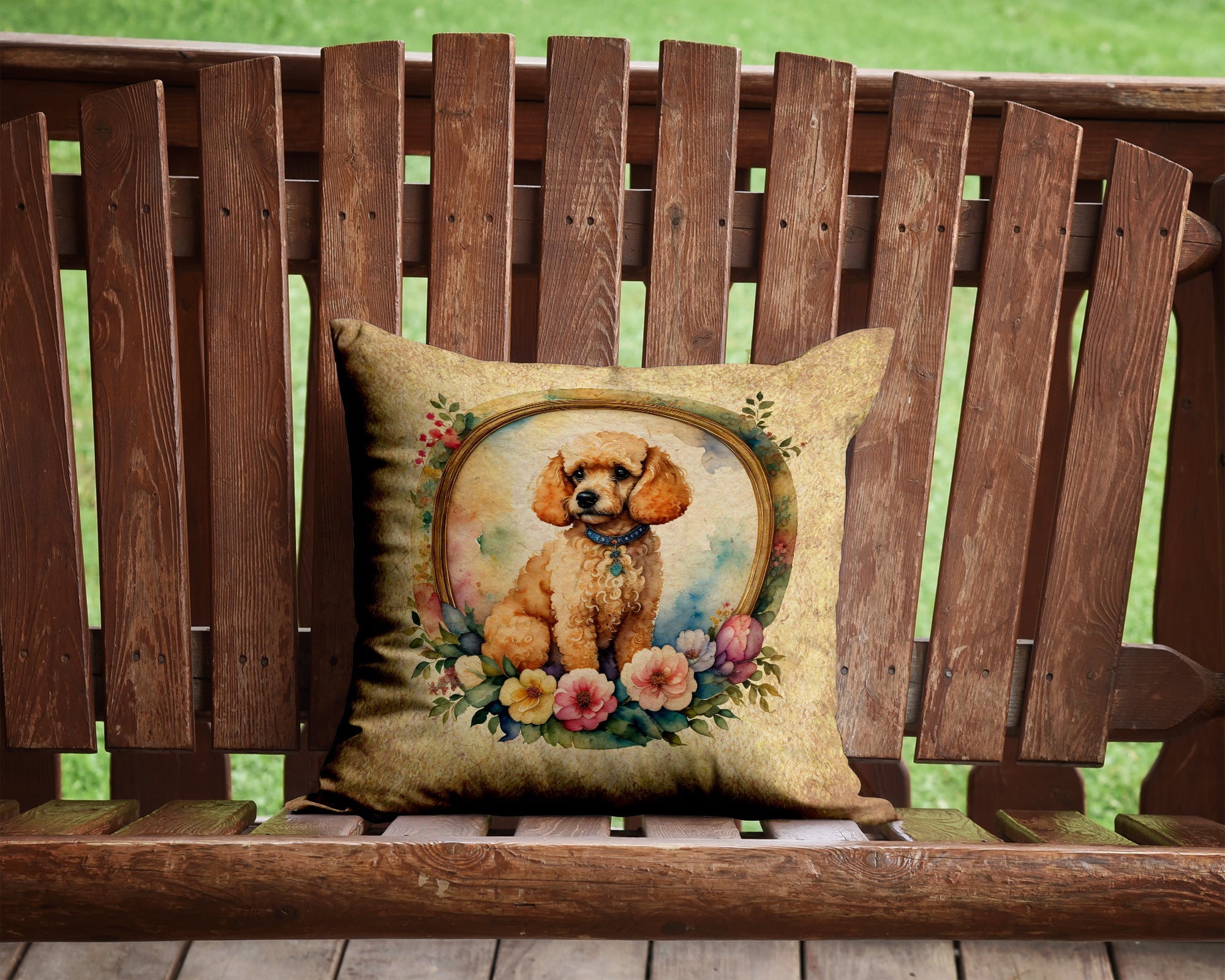Poodle and Flowers Decorative Throw Pillow 14x14 Indoor Outdoor Accent Cushion, Fabric Cover with Insert for Sofa, Bed, Porch & Living Room