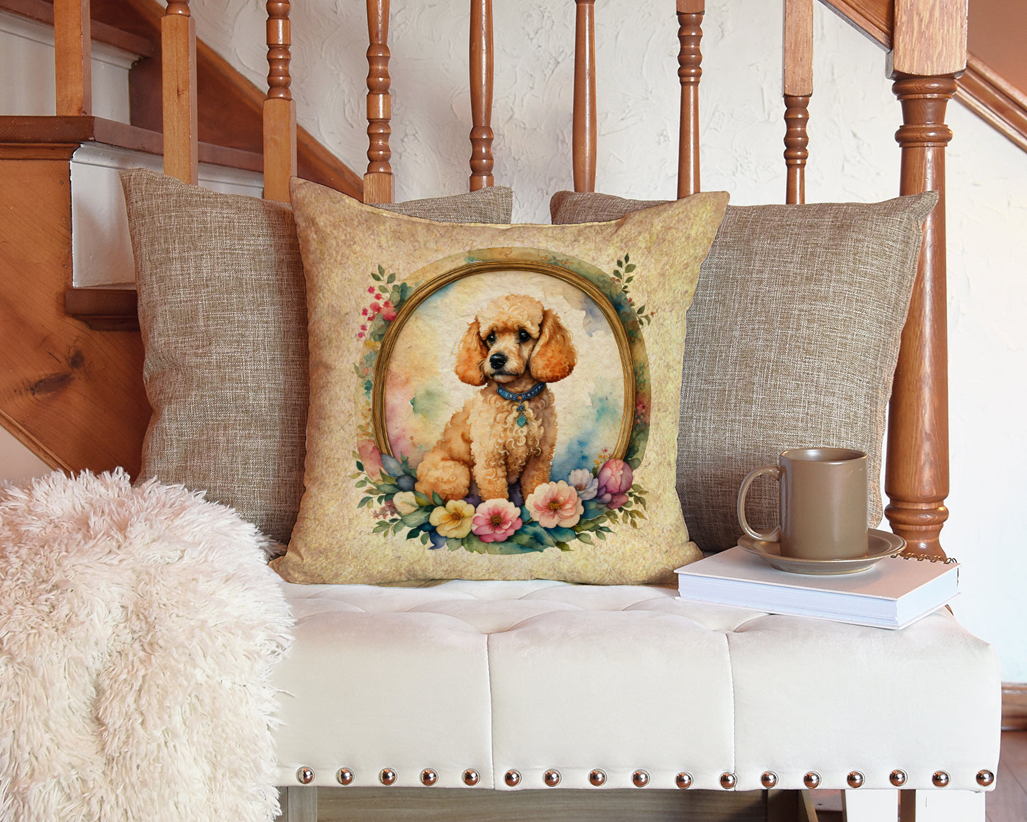 Poodle and Flowers Decorative Throw Pillow 14x14 Indoor Outdoor Accent Cushion, Fabric Cover with Insert for Sofa, Bed, Porch & Living Room