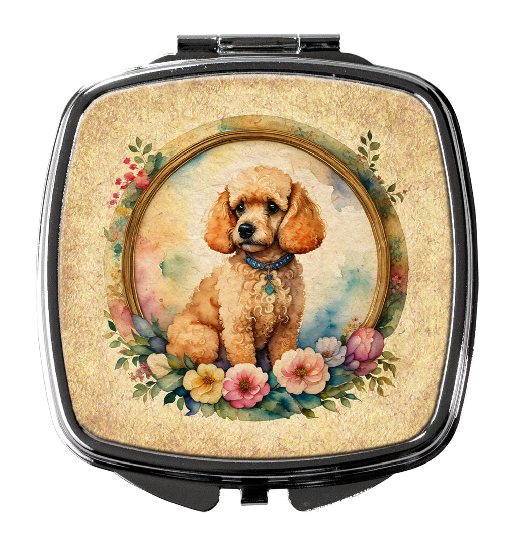 Poodle and Flowers Compact Mirror Decorative Travel Makeup Mirror for Women Girls Gifts Pocket Makeup Mirror Folding Handheld