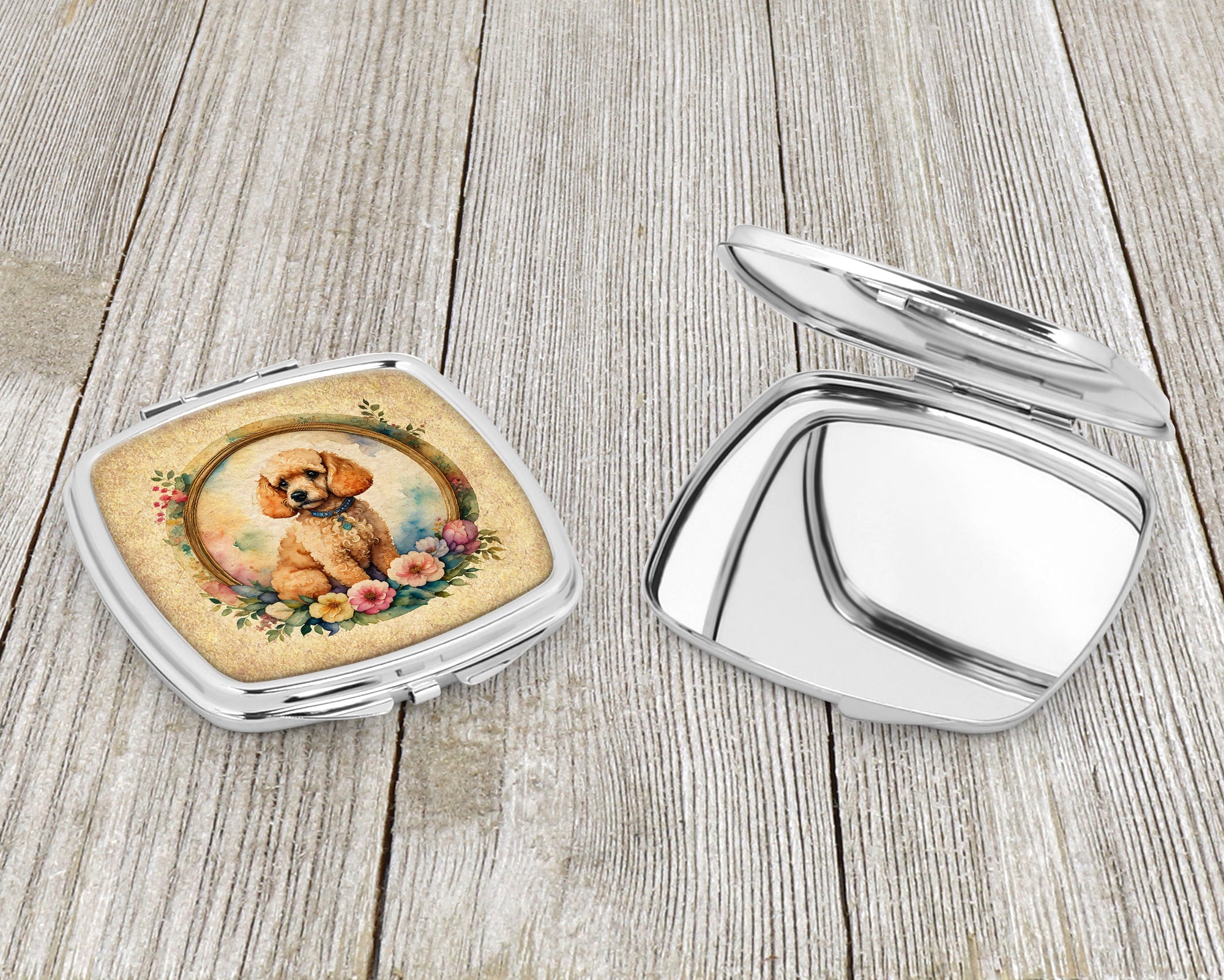 Poodle and Flowers Compact Mirror Decorative Travel Makeup Mirror for Women Girls Gifts Pocket Makeup Mirror Folding Handheld