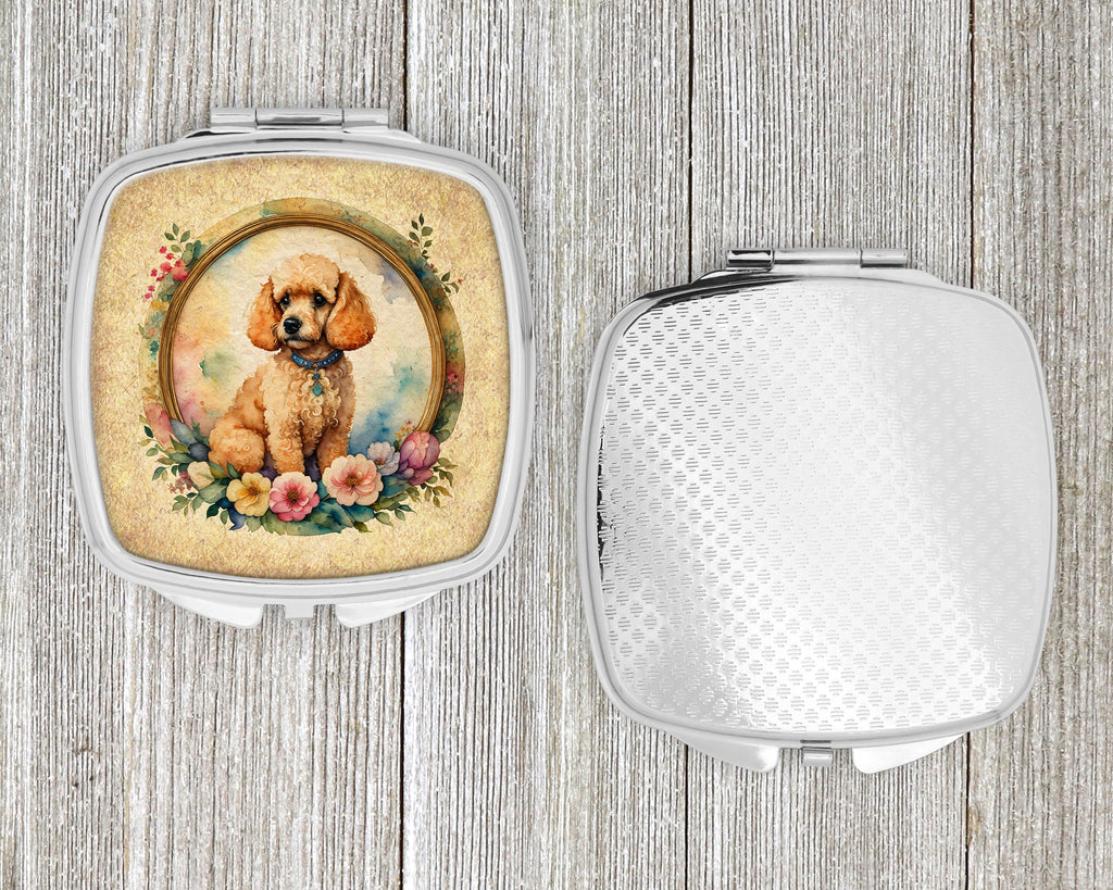 Poodle and Flowers Compact Mirror Decorative Travel Makeup Mirror for Women Girls Gifts Pocket Makeup Mirror Folding Handheld