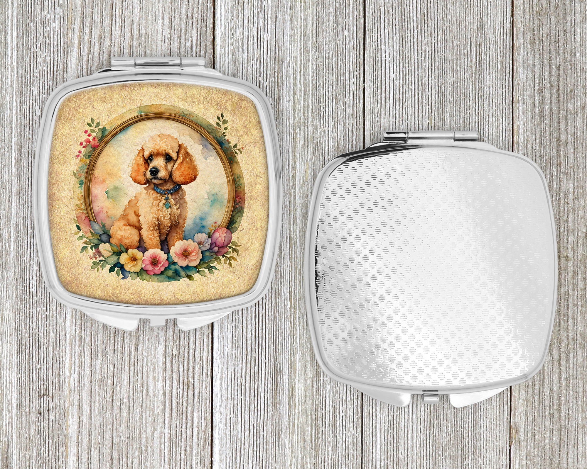 Poodle and Flowers Compact Mirror Decorative Travel Makeup Mirror for Women Girls Gifts Pocket Makeup Mirror Folding Handheld